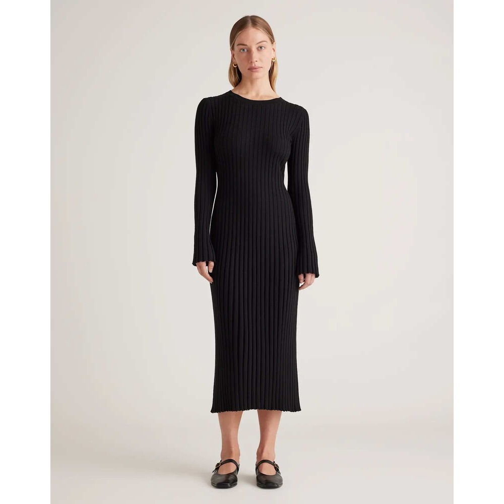 Quince Cotton Cashmere Ribbed Long Sleeve Crew Midi Dress Black Medium NWT